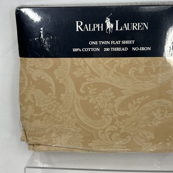 Ralph Lauren Twin Flat Sheet Tan Avery Cafe Floral Paisley Cotton 200 Thread - Picture 2 of 5